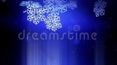 美丽的三维雪花漂浮在空气中的蓝色背景。 用作圣诞、新年贺卡或冬季动画